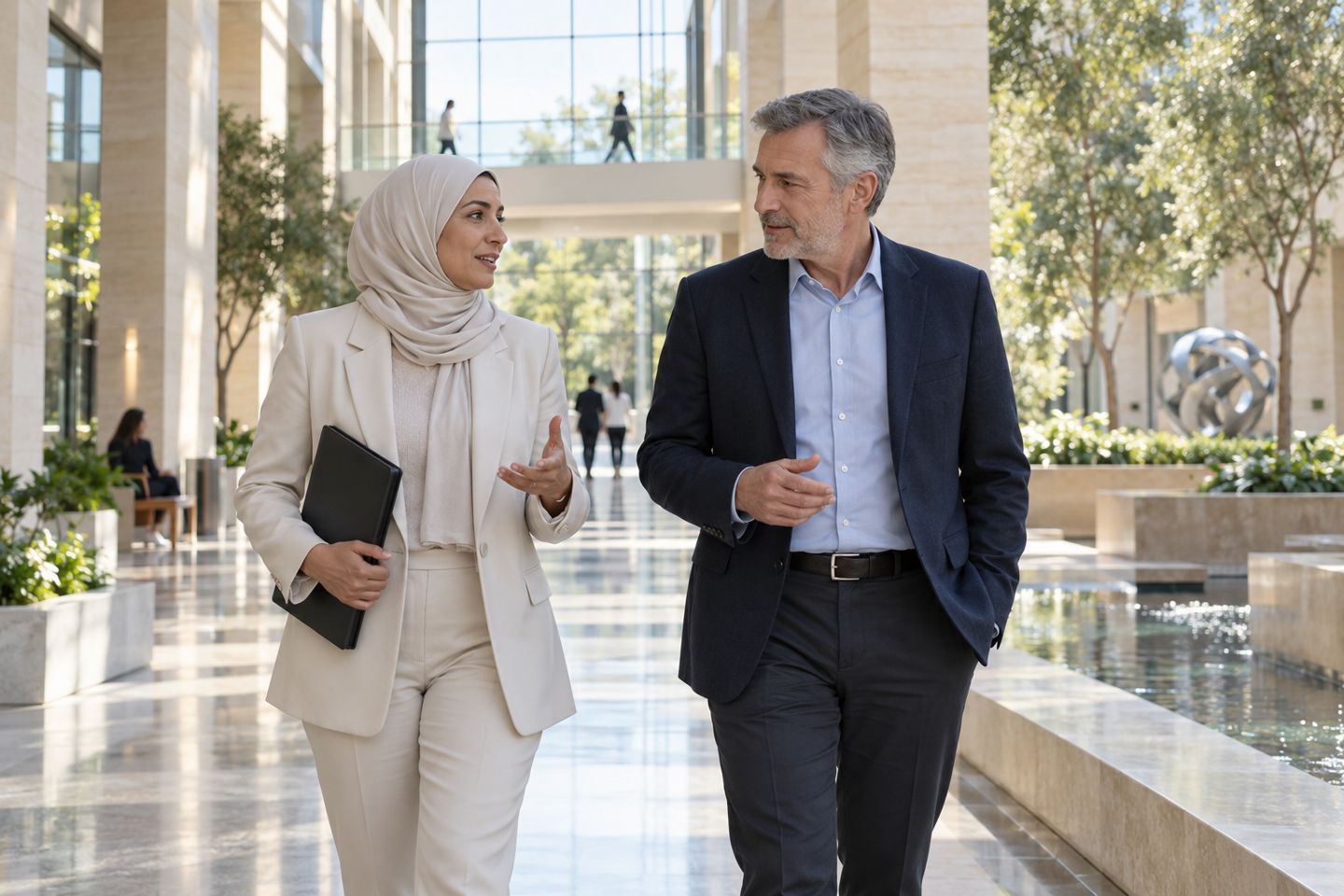 Healthcare advisers in a bright atrium