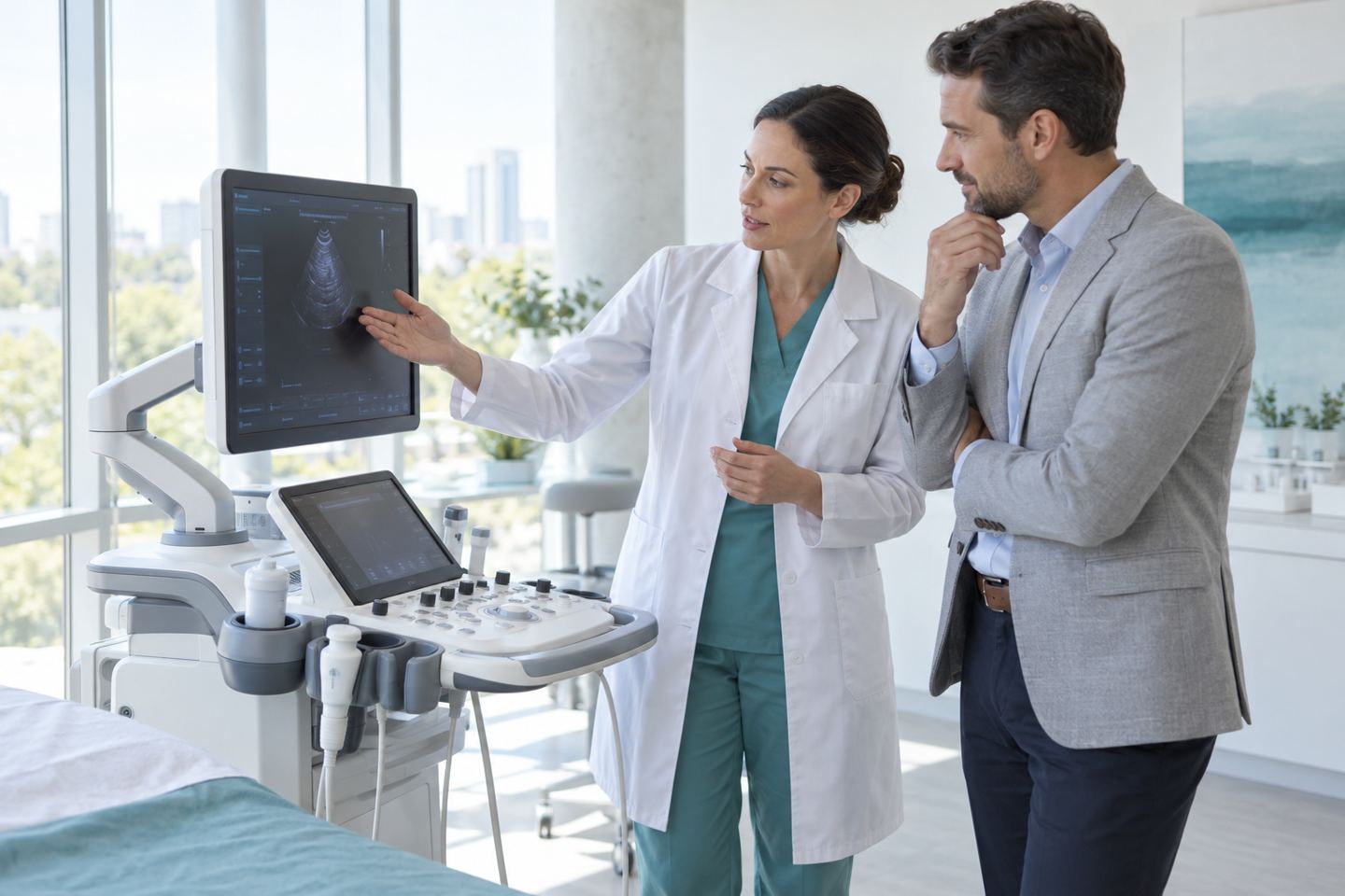 Professionals assessing medical technology
